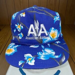 Vintage American Airlines Floral Snapback Hat Blue Hawaiian Nissin Cap AA Logo